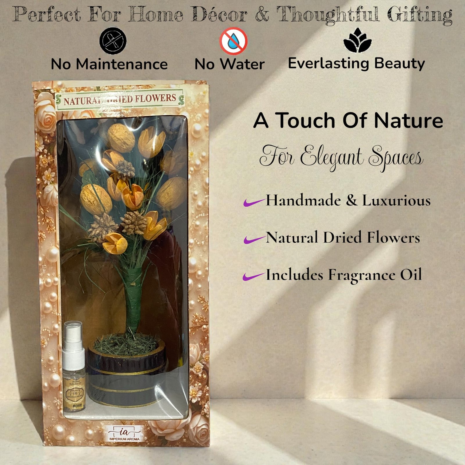 Imperium Aroma Handmade Natural Dried Flower Bouquet with Vase & 15 ml Rose Fragrance Spray - Image 6