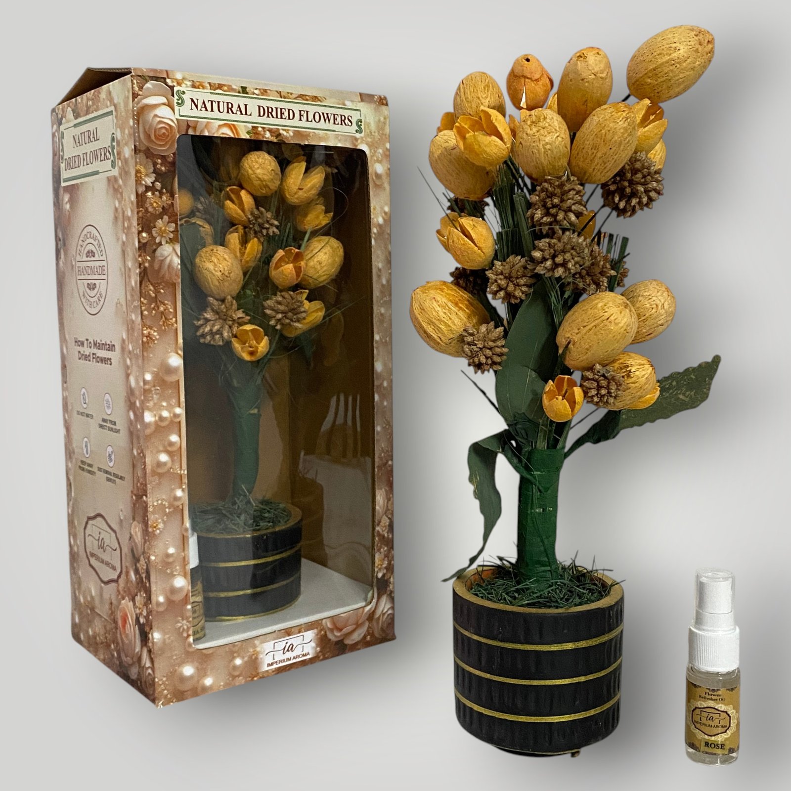 Imperium Aroma Handmade Natural Dried Flower Bouquet with Vase & 15 ml Rose Fragrance Spray