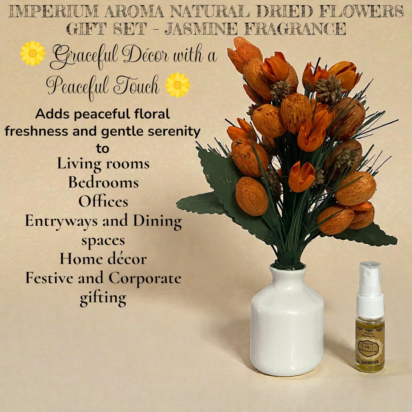 Imperium Aroma Handmade Natural Dried Flower Bouquet with Vase & 15 ml Jasmine Fragrance Spray - Image 3