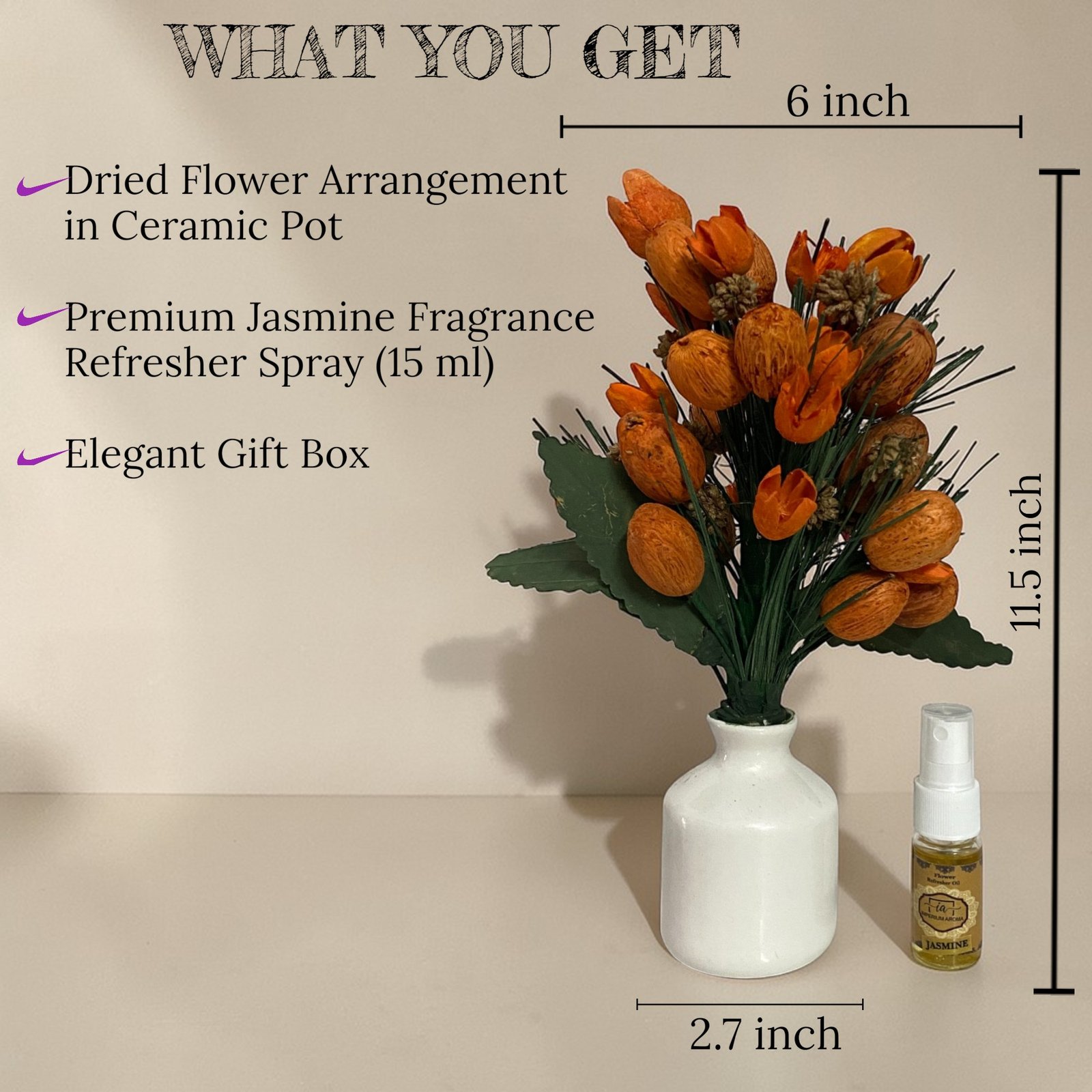 Imperium Aroma Handmade Natural Dried Flower Bouquet with Vase & 15 ml Jasmine Fragrance Spray - Image 2