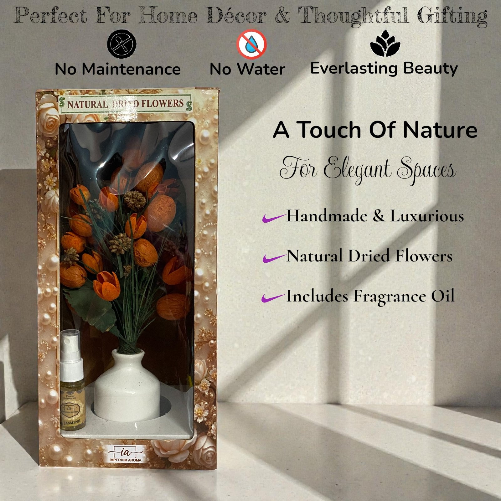 Imperium Aroma Handmade Natural Dried Flower Bouquet with Vase & 15 ml Jasmine Fragrance Spray - Image 6