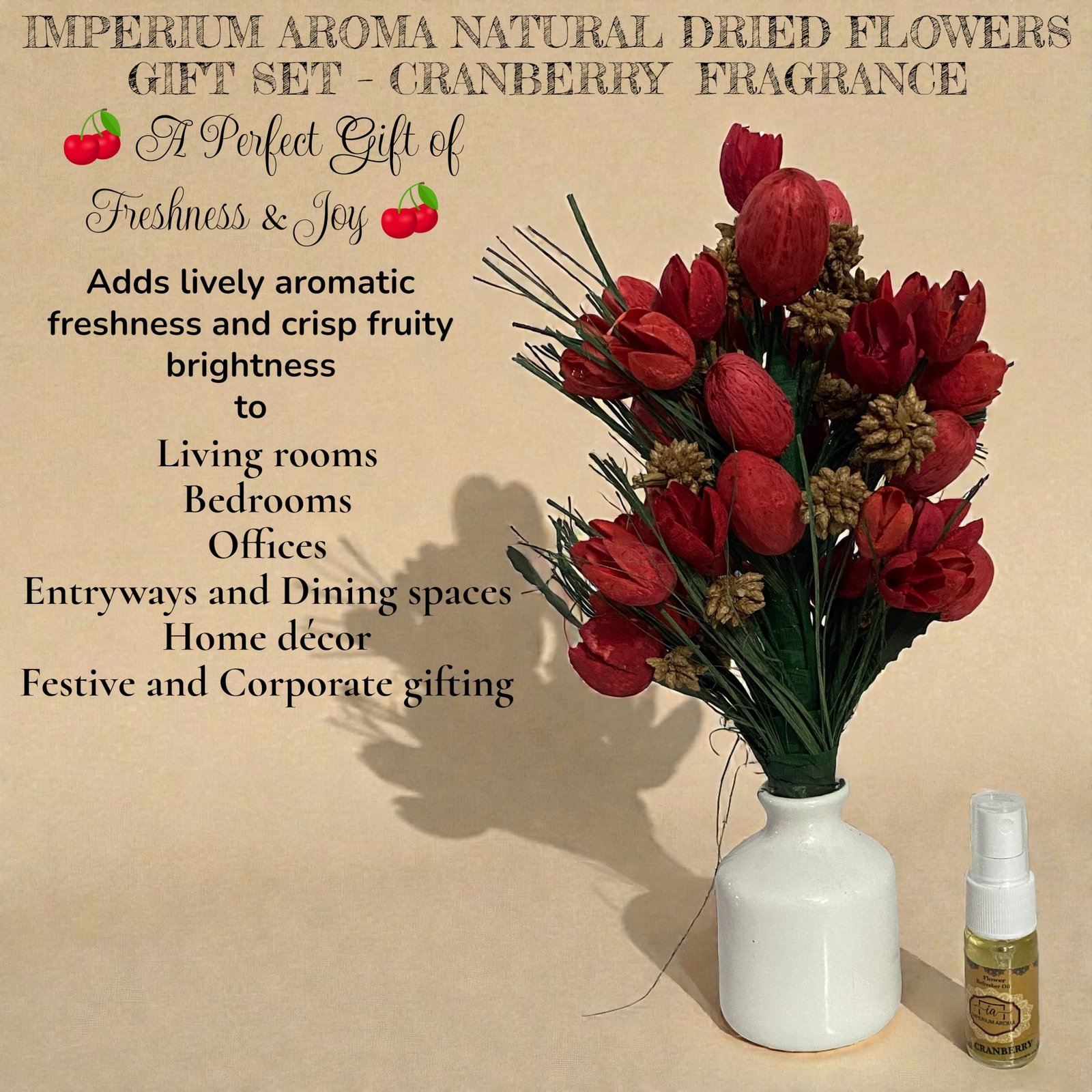 Imperium Aroma Handmade Natural Dried Flower Bouquet with Vase & 15 ml Cranberry Fragrance Spray - Image 2