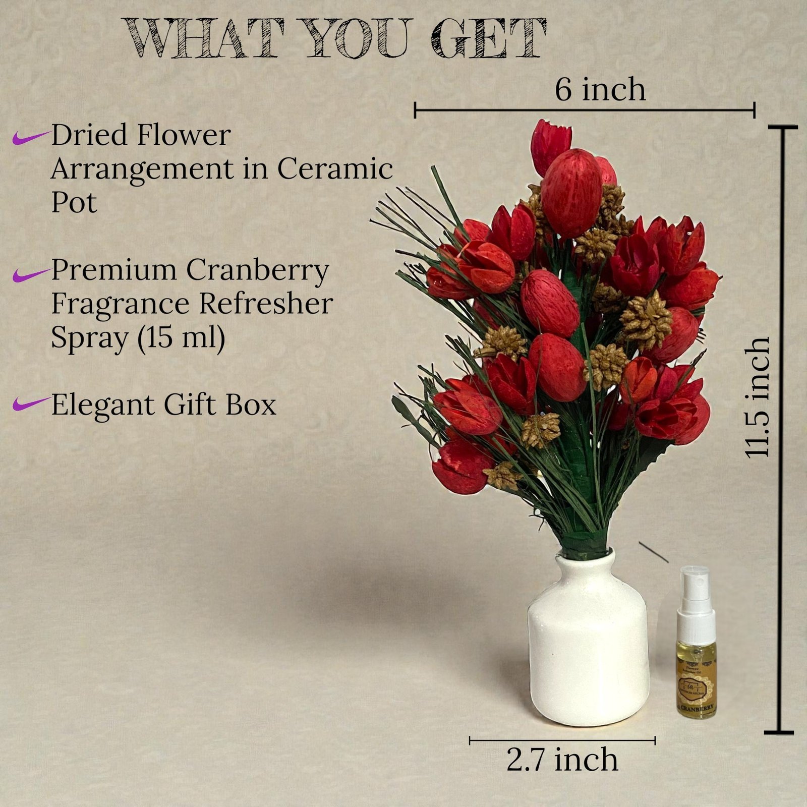 Imperium Aroma Handmade Natural Dried Flower Bouquet with Vase & 15 ml Cranberry Fragrance Spray - Image 3