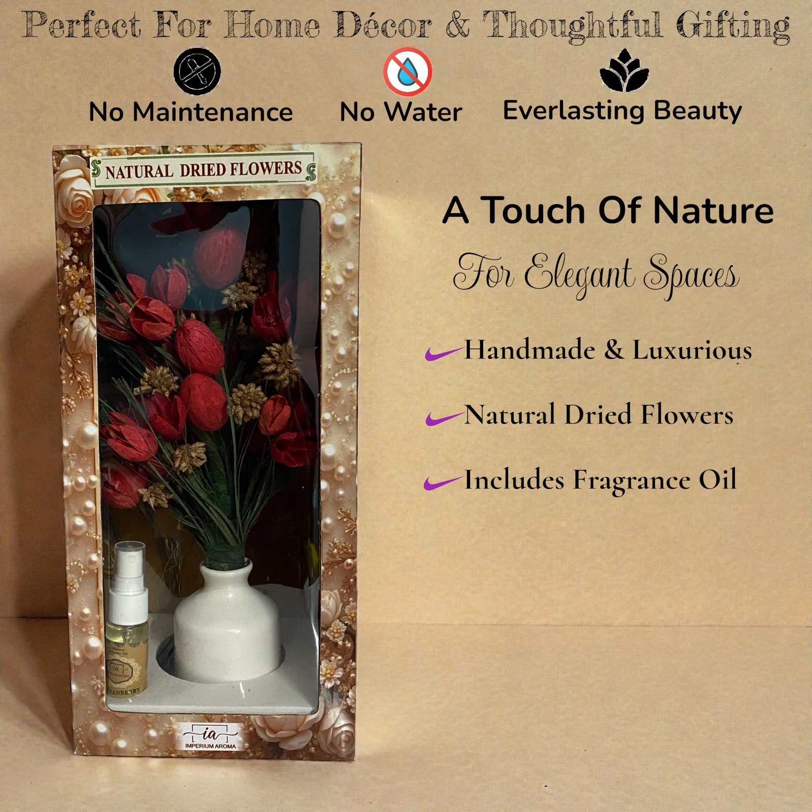 Imperium Aroma Handmade Natural Dried Flower Bouquet with Vase & 15 ml Cranberry Fragrance Spray - Image 5